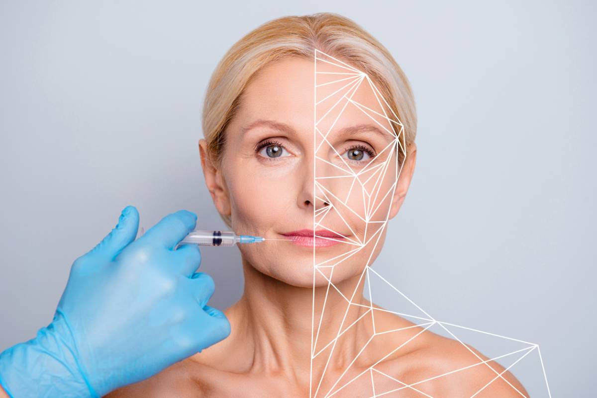 Concept photo showing facial rejuvenation for middle aged woman blonde.